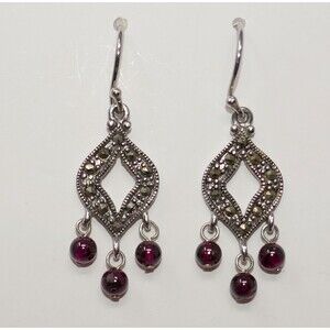 Sterling Silver 925 Marcasite And Triple Garnet Stone Wire Hook Dangle Earings